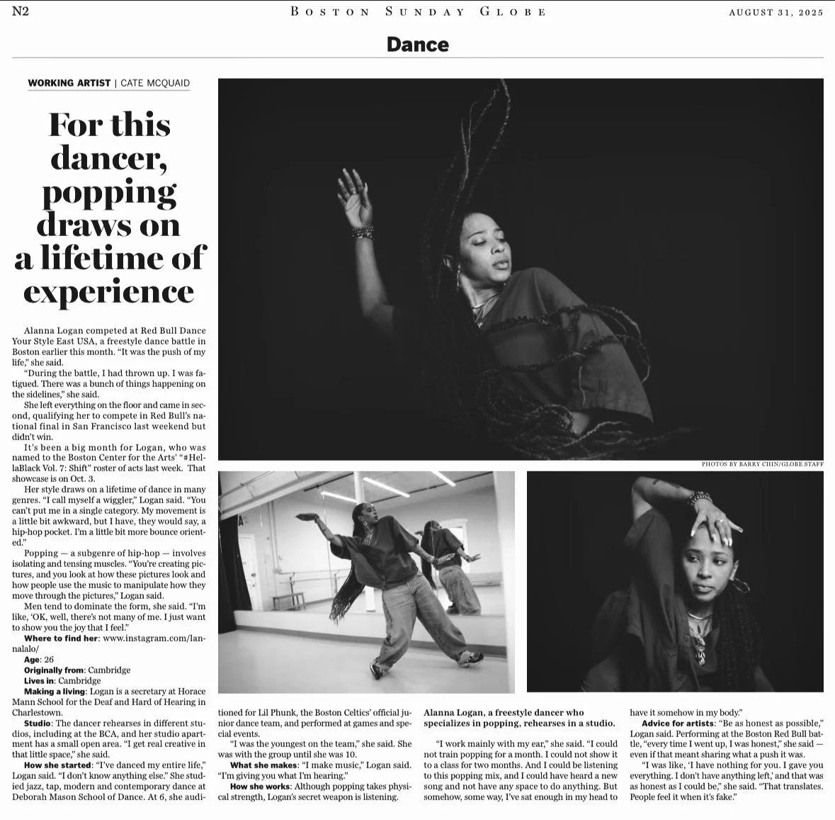 Black and white newspaper article with a large photo of a female dancer with dreadlocks, sitting with her eyes closed, and two smaller images of dancers in studio, one with a dancer in a studio and another with a woman with braided hair, touching her forehead.