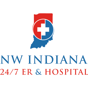 Logo of NW Indiana 24/7 ER & Hospital featuring a red and blue medical cross within a circle, and an outline of Indiana with text below.