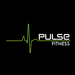 Pulse Fitness logo with green electrocardiogram line and white text on black background