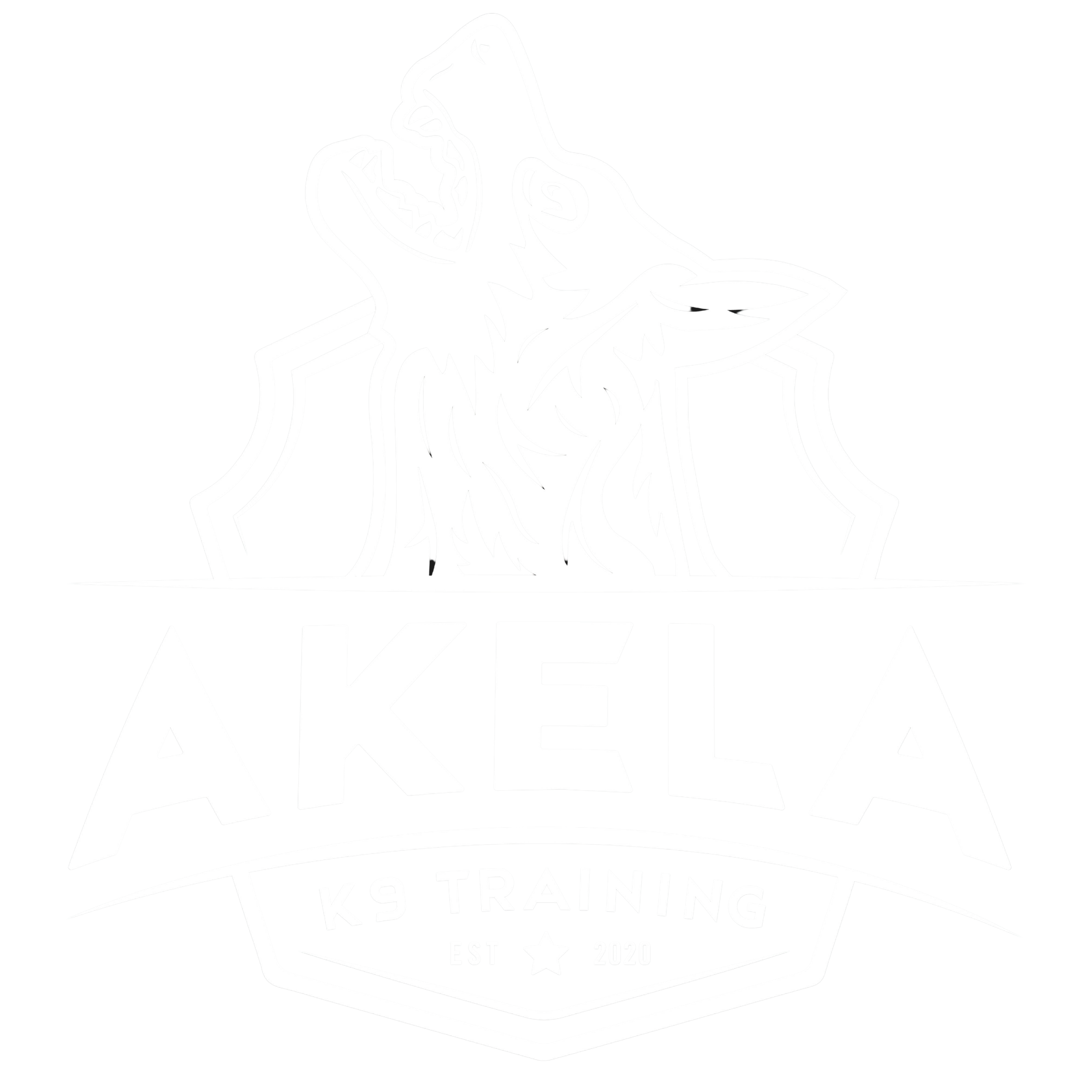 Black and white logo for Akela K9 Training featuring howling wolf head and bold text.