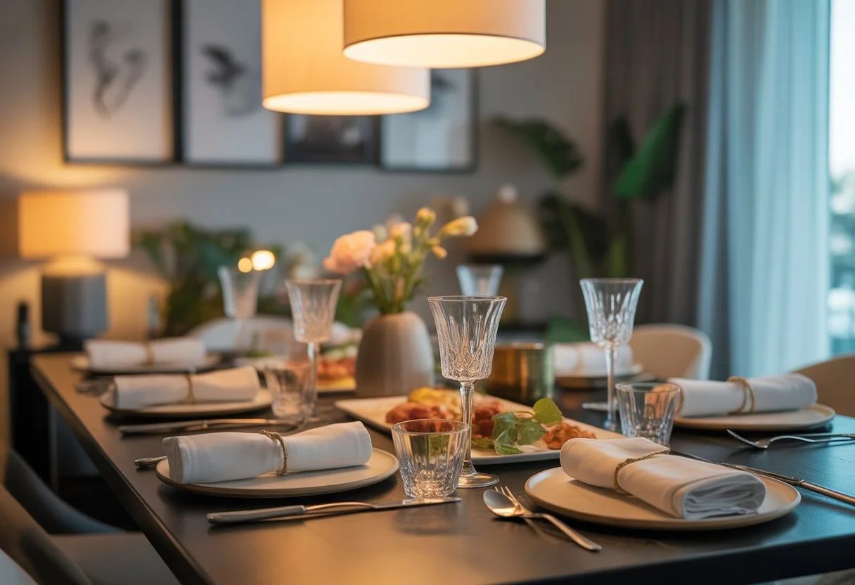 A dining table set elegantly at home with fine tableware, soft lighting, fresh flowers, and gourmet dishes creating a warm and inviting atmosphere.