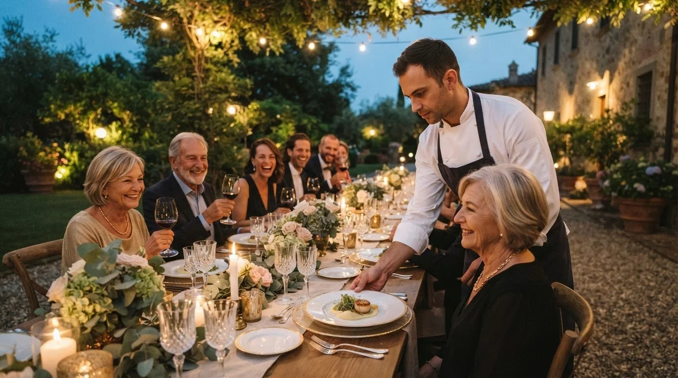 A private chef serves a course to guests at a long outdoor garden table set for a golden anniversary celebration at dusk.