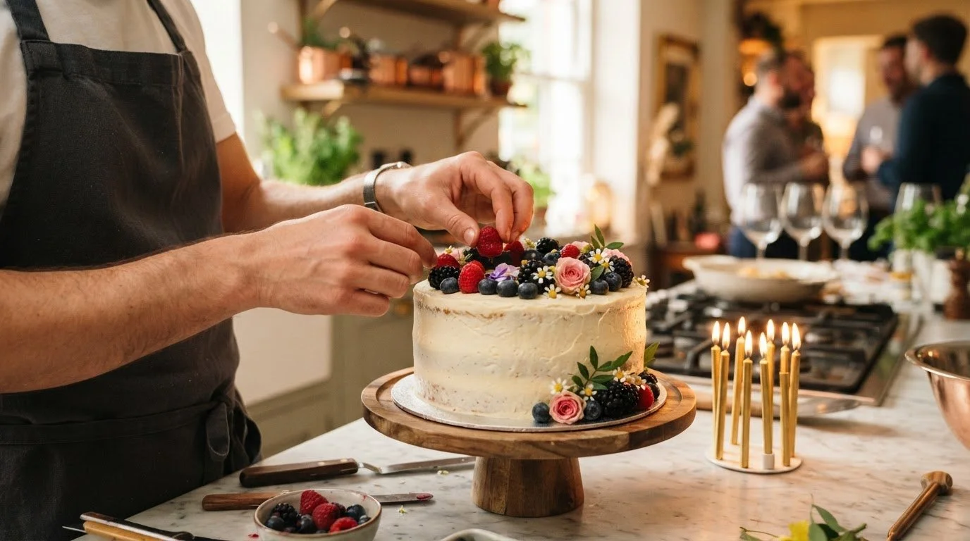 Private chef decorating a celebration cake