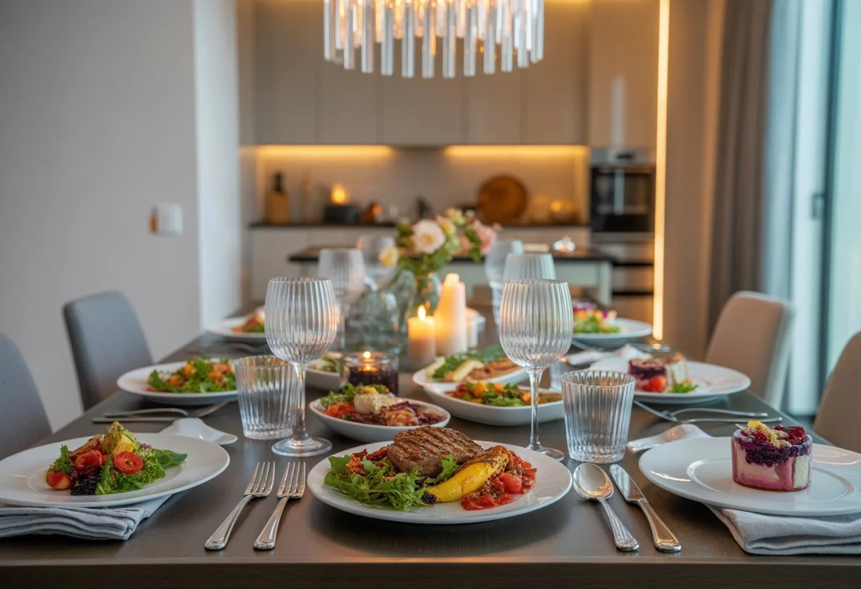 A dining table set with elegant plates, glasses, and gourmet food in a modern home dining room with warm lighting and decorative flowers.