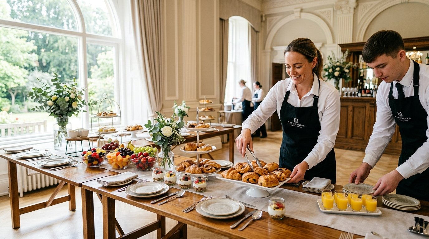 2 members of staff setting up a wedding morning breakfast table laid out with a choice of fruits, pastries and cereals.