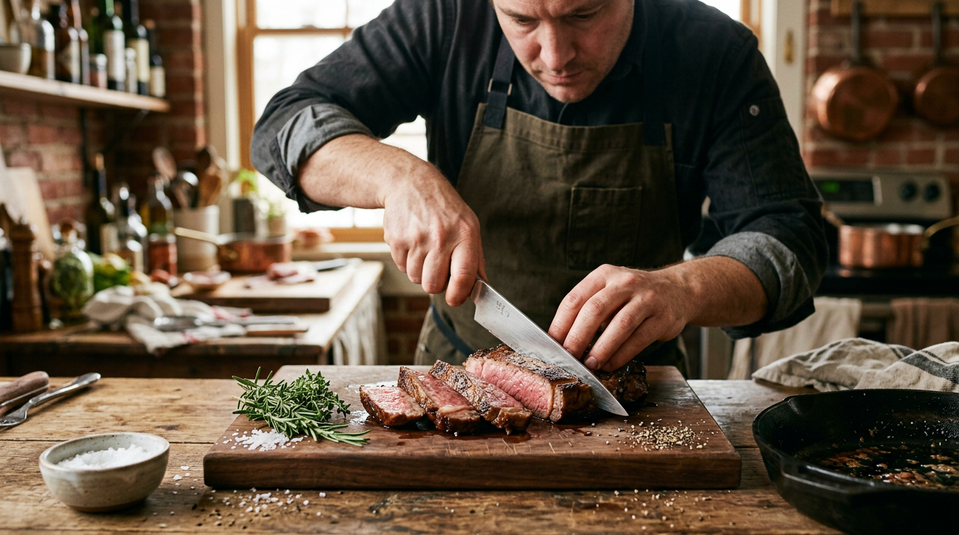 Private chef in Glasgow slicing cooked grass fed beef steak