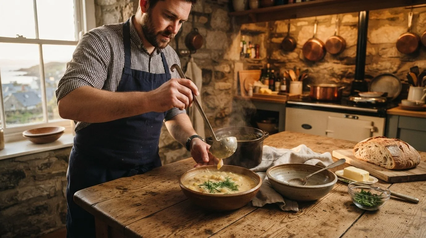 Private chef preparing seafood chowder