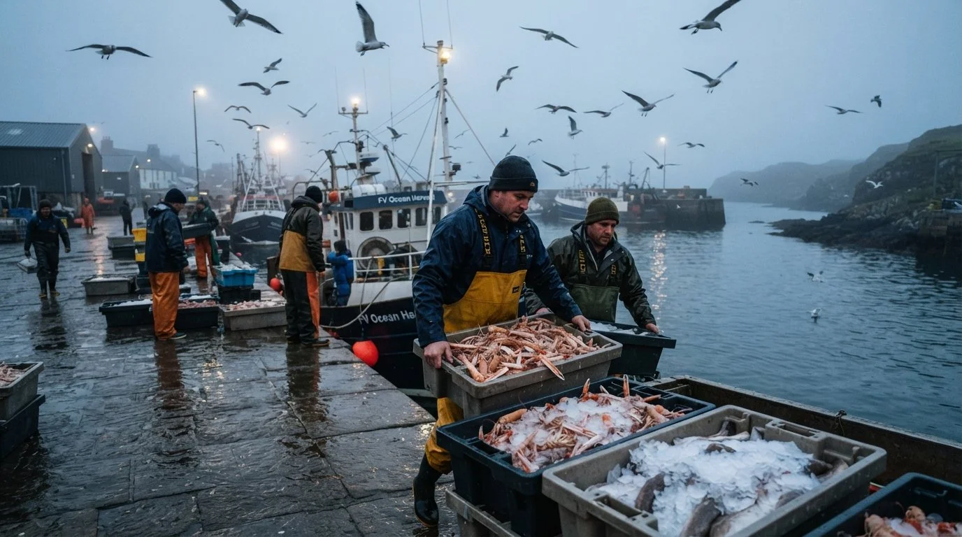 Scottish fishermen unloading boats