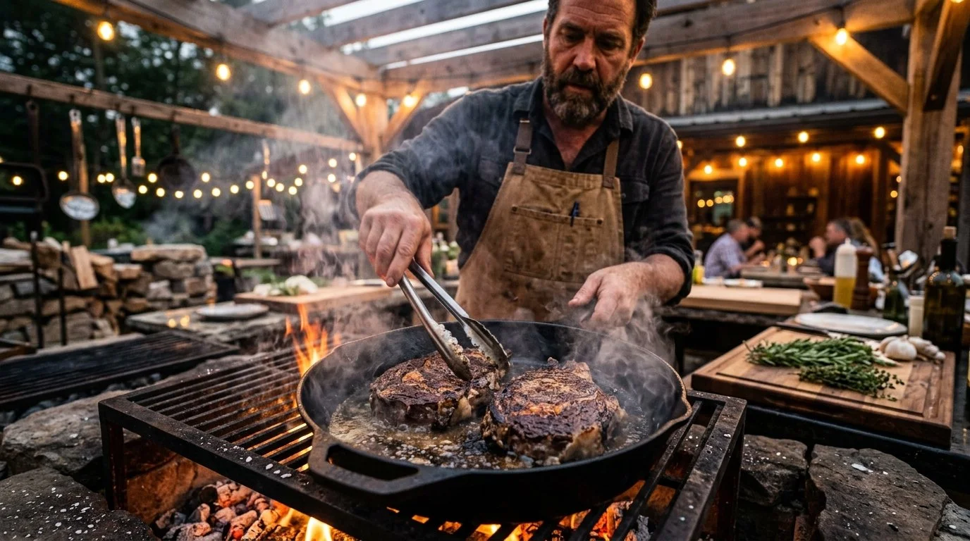 Private chef frying grass fed beef steak in a skillet