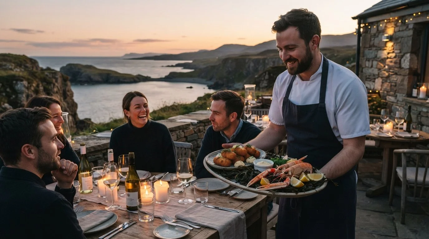 Chef arriving at the table with a large seafood dish
