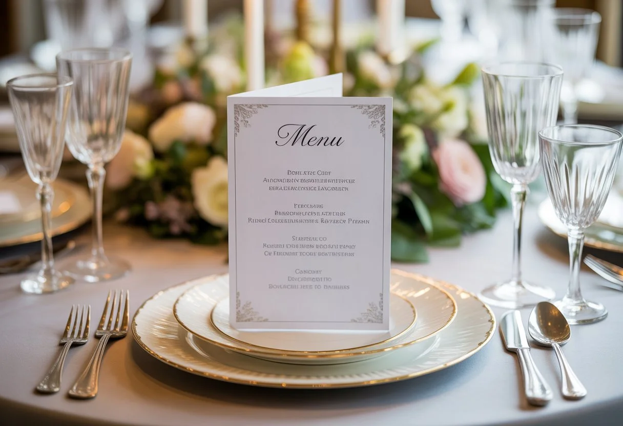 A dining table set with a bespoke menu card, fine china, silver cutlery, crystal glasses, and floral centrepieces.