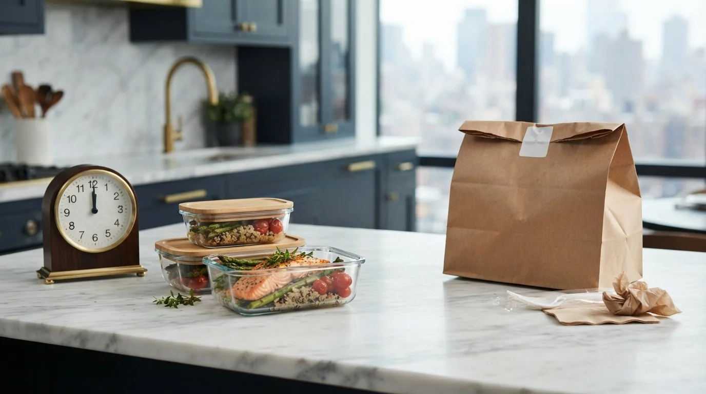prepped meals and food delivery on a kitchen worktop