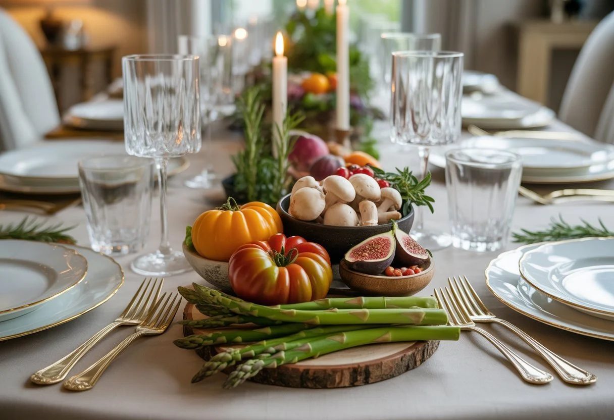 A private dining table set with fine dining ware and a display of fresh seasonal ingredients including tomatoes, asparagus, mushrooms, figs, and rosemary.