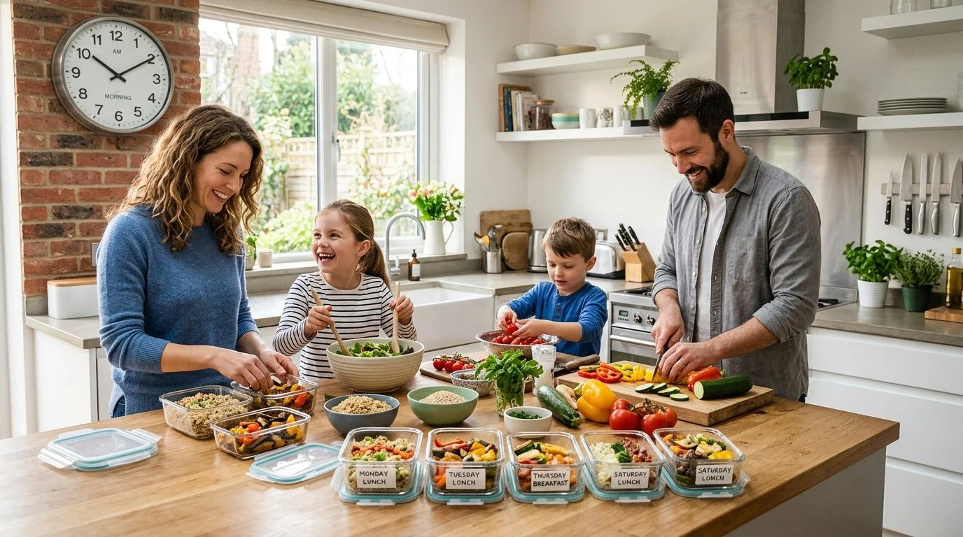 A family preparing food to place in containers for their Chrononutrition Meal Prep