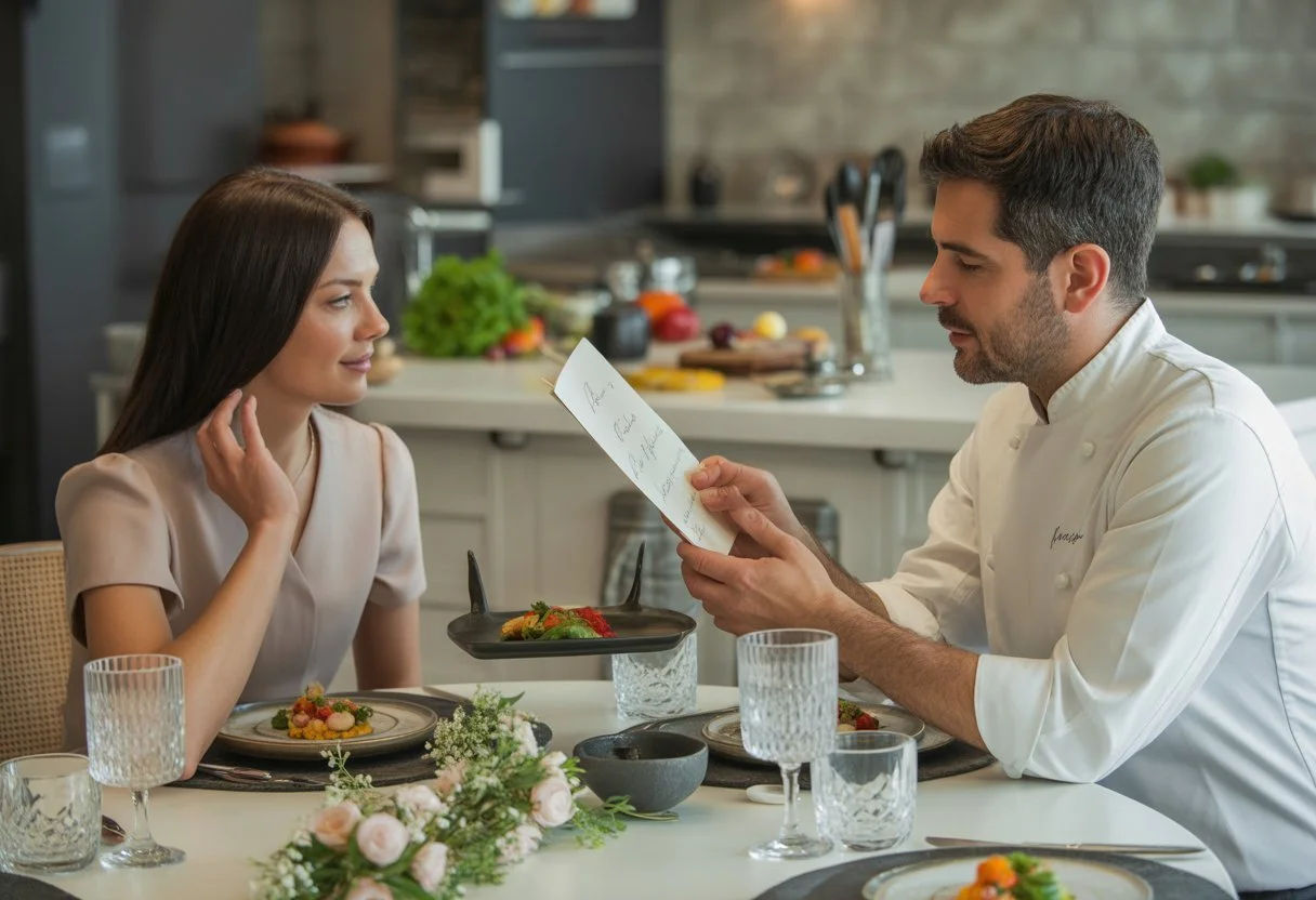 A chef in a white uniform discussing menu options with a couple seated at a beautifully set dining table in a modern kitchen.