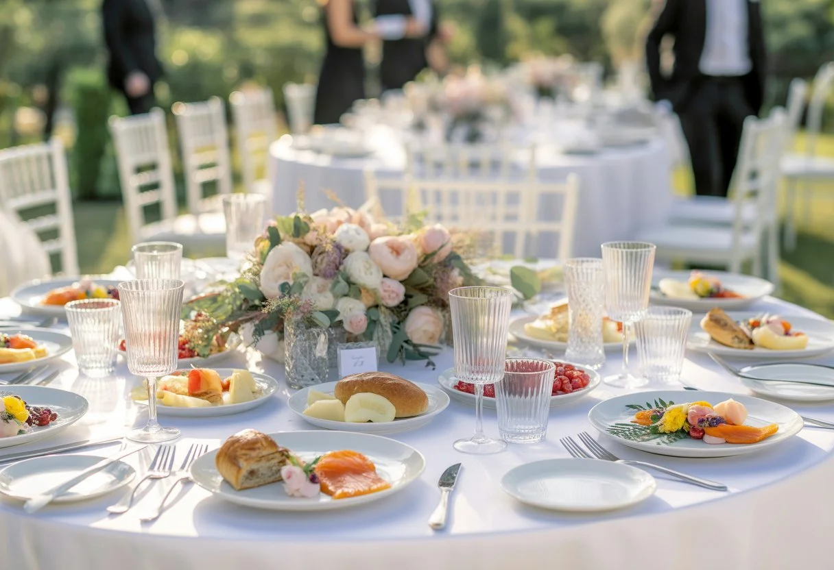 A wedding breakfast table set outdoors with elegant tableware, floral centrepieces, and gourmet breakfast dishes, with guests in the background.