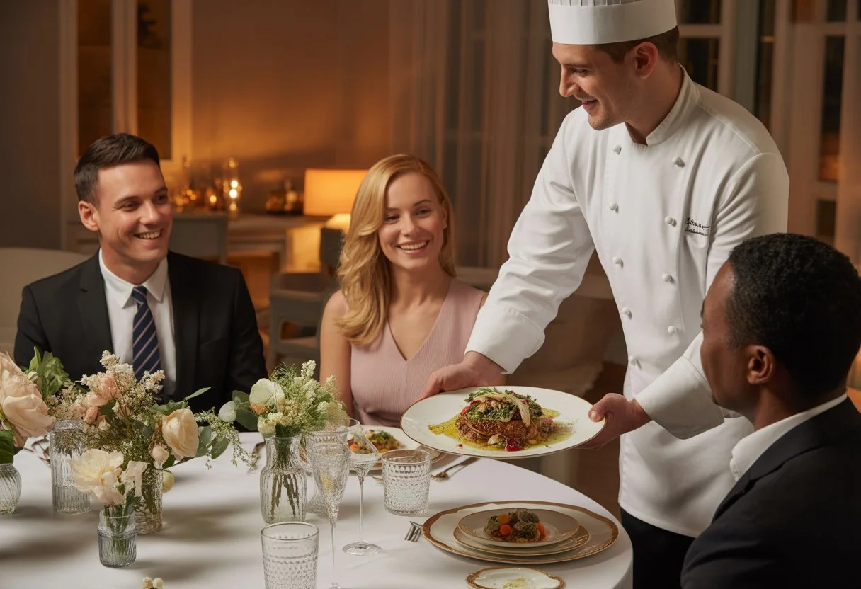 A private chef serving a gourmet dish to guests seated around a decorated dining table in a home setting.