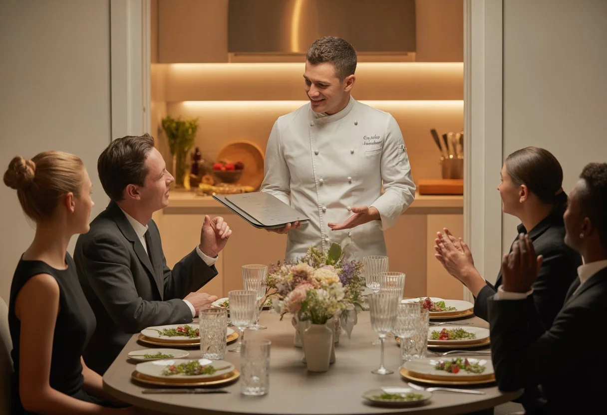 A private chef presenting personalised menus to guests seated at a dinner table in an elegant dining room.