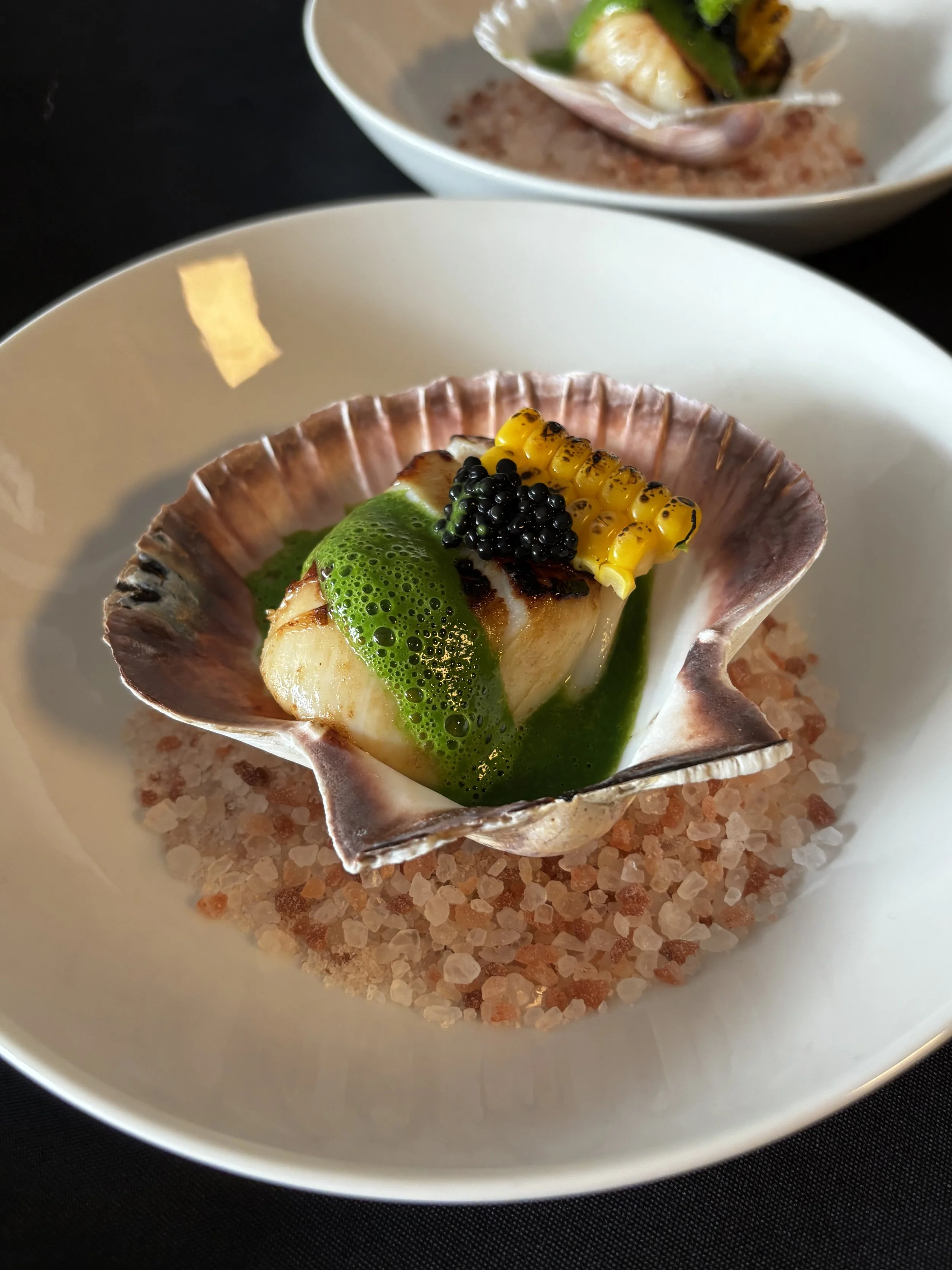 Private chef Glasgow fine dining dish – scallop with green herb sauce, caviar, and sweetcorn – Blas Dining.