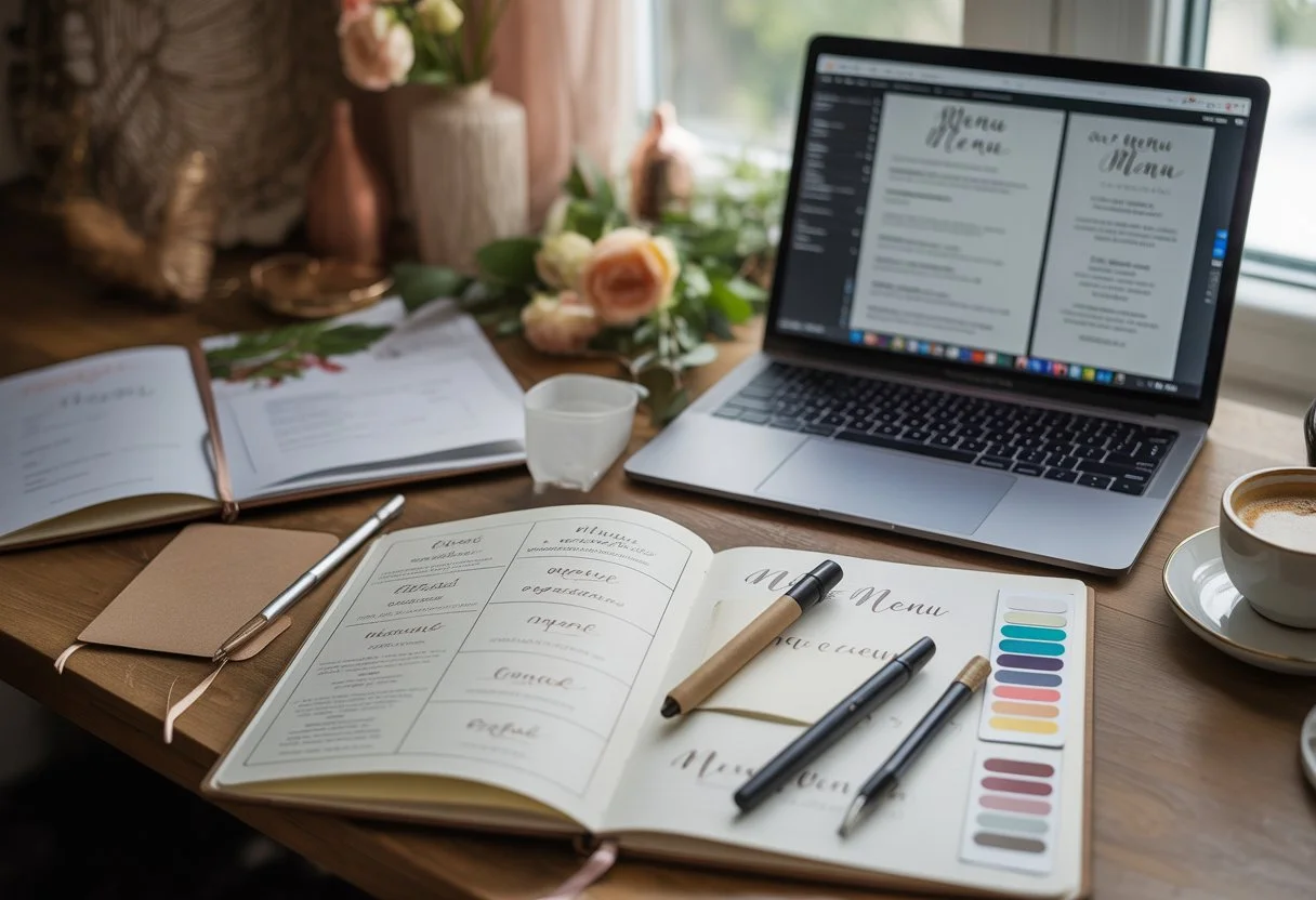 A workspace with a notebook showing menu sketches, a laptop with menu design software, colour swatches, pens, flowers, and a cup of coffee on a desk.
