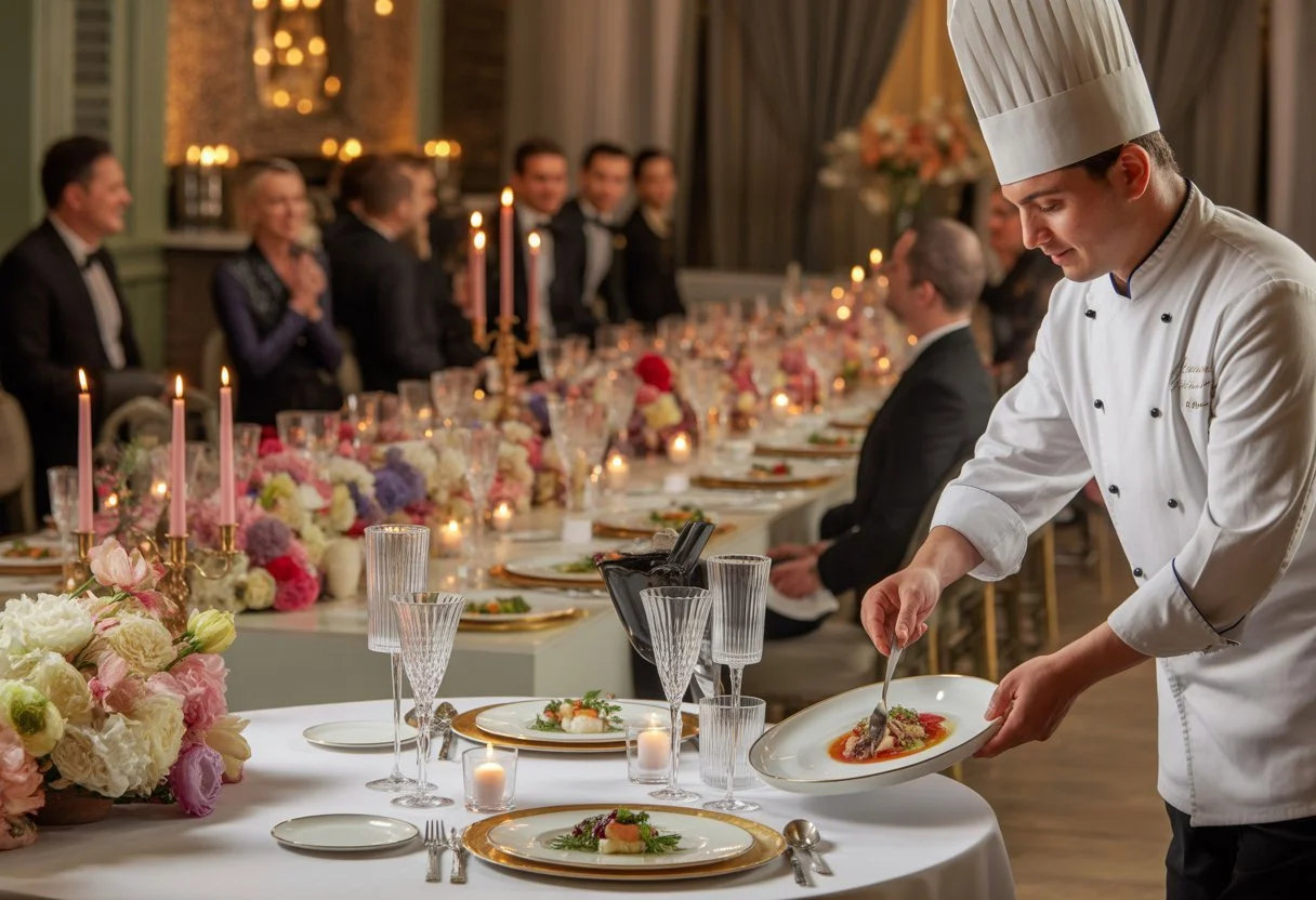 A private chef plating food at a table set for an intimate dinner, with a lavish reception table and guests in the background.