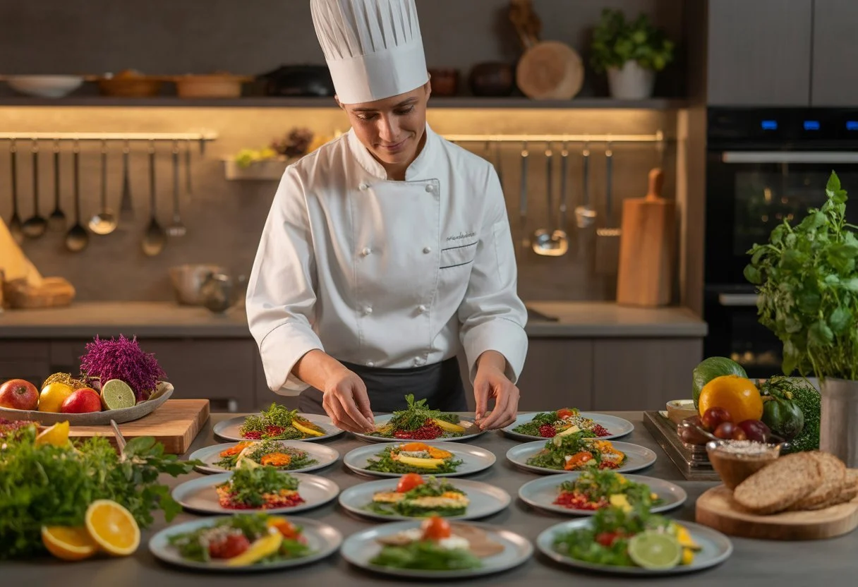A private chef preparing a variety of colourful dishes in a modern kitchen, focusing on inclusive dietary options.