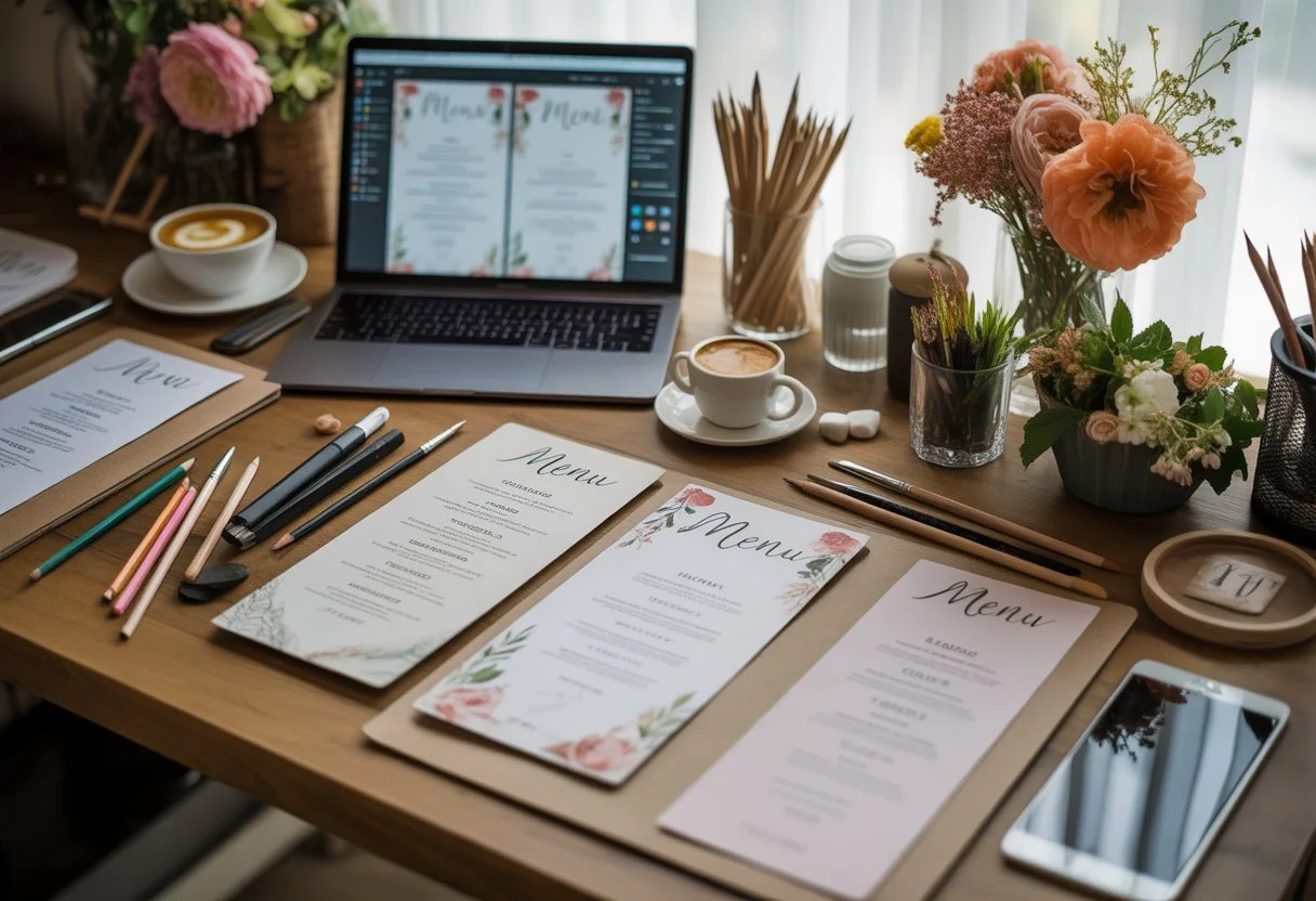 A workspace with a laptop, printed menu samples, art supplies, flowers, and a coffee cup on a wooden desk near a window.