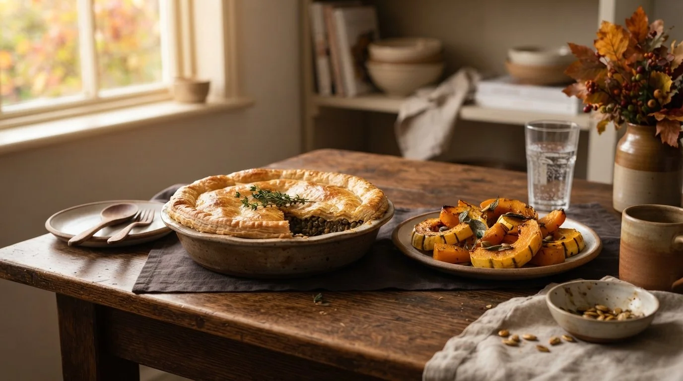 A plant-based lentil and mushroom pie sits beside roasted squash on a dark wooden table in a softly lit country kitchen.