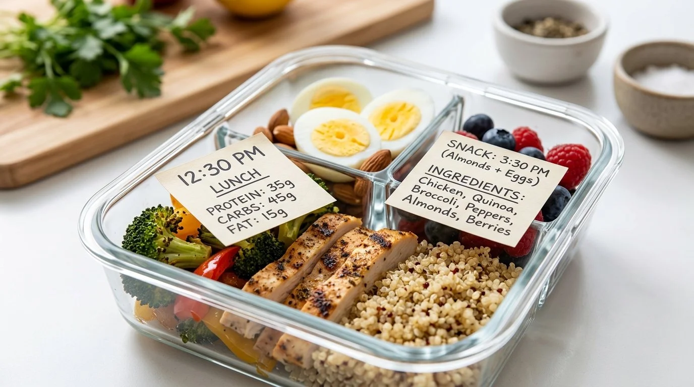 Food in a storage dish with list of ingredients and dietry information