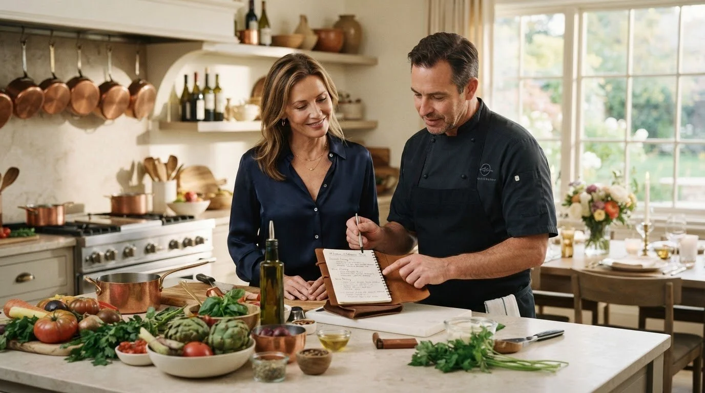 A host and private chef review a handwritten menu beside fresh ingredients in a sunlit kitchen before a milestone dinner.