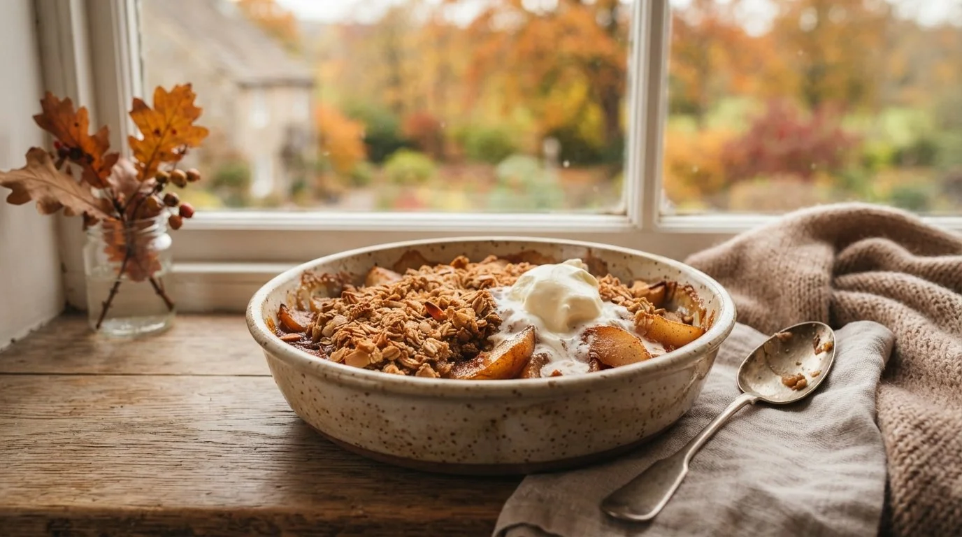 Close-up of spiced pear crumble with a golden oat topping and melting cream, served in a ceramic dish by an autumn window.
