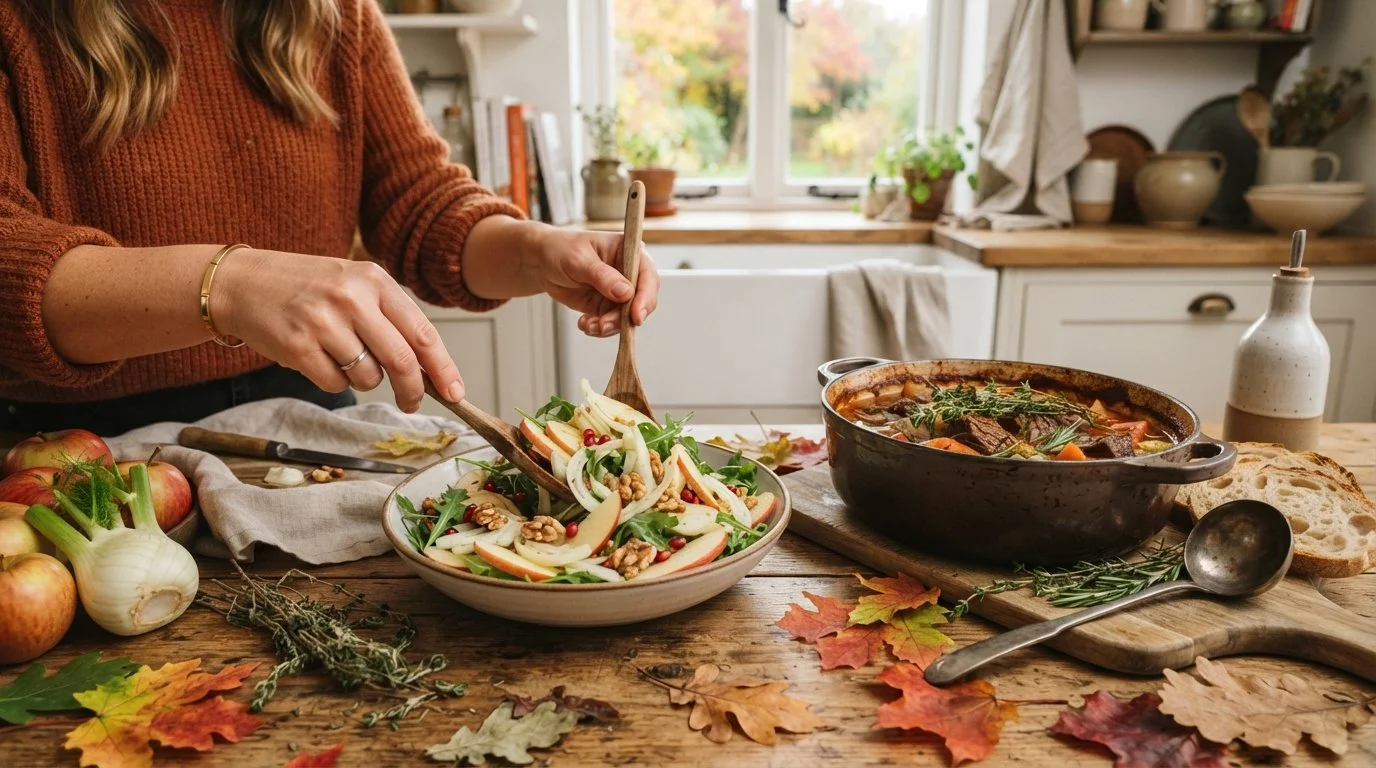 Hands arrange crisp apple and fennel salad beside a slow-cooked casserole on a bright farmhouse kitchen counter scattered