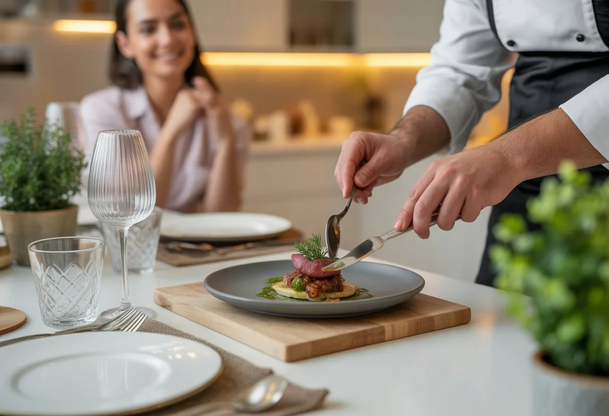 A chef carefully plating a gourmet dish in a modern kitchen while a guest watches, with fresh herbs and an elegantly set table in the background.