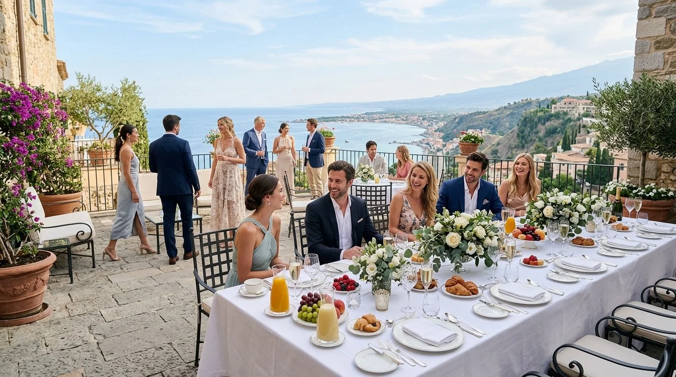 Guests sat at a wedding morning breakfast table laid out with a choice of fruits, pastries and cereals.