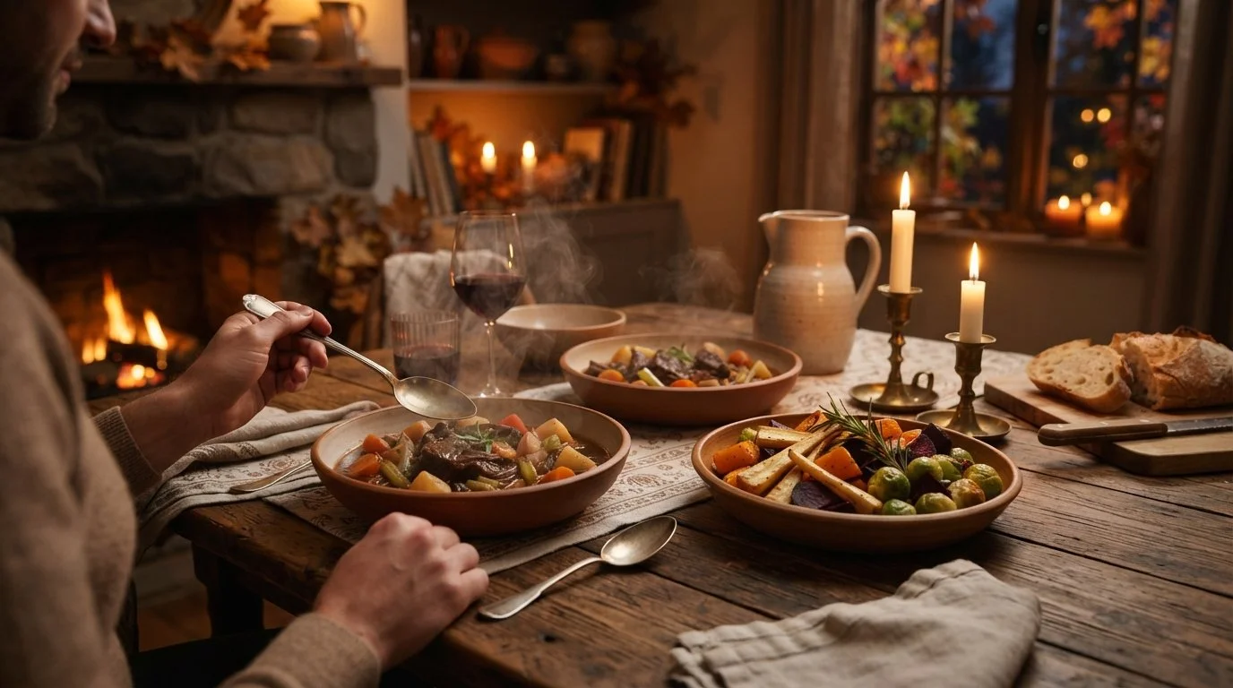 A rustic table holds braised beef stew, roasted root vegetables, and steaming bowls beneath golden candlelight in a cozy