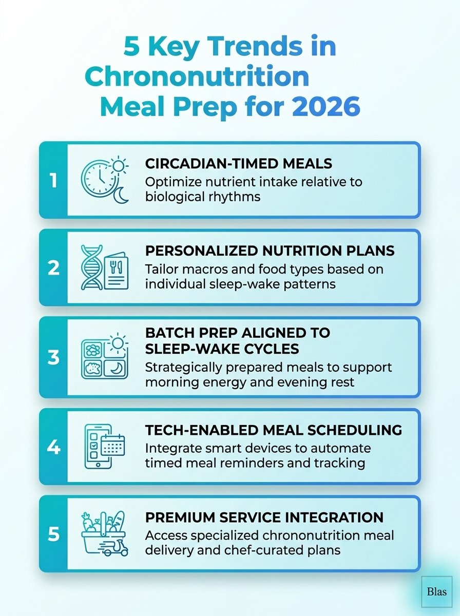 Infographic of 5 Chrononutrition meal prep trends for 2026, highlighting chrononutrition concepts and meal prep surge.