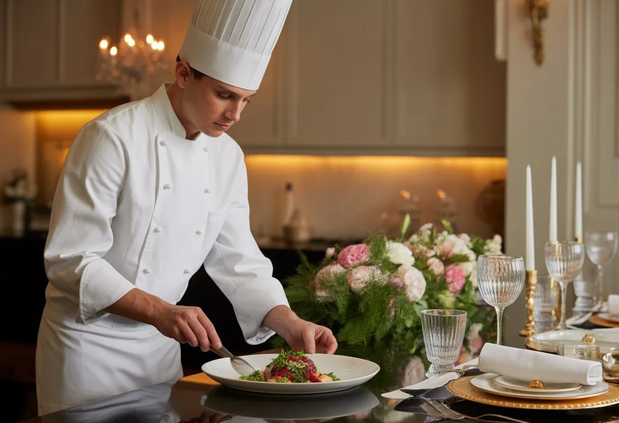 A private chef in a white uniform plating a gourmet dish in a stylish kitchen with a set dining table nearby.