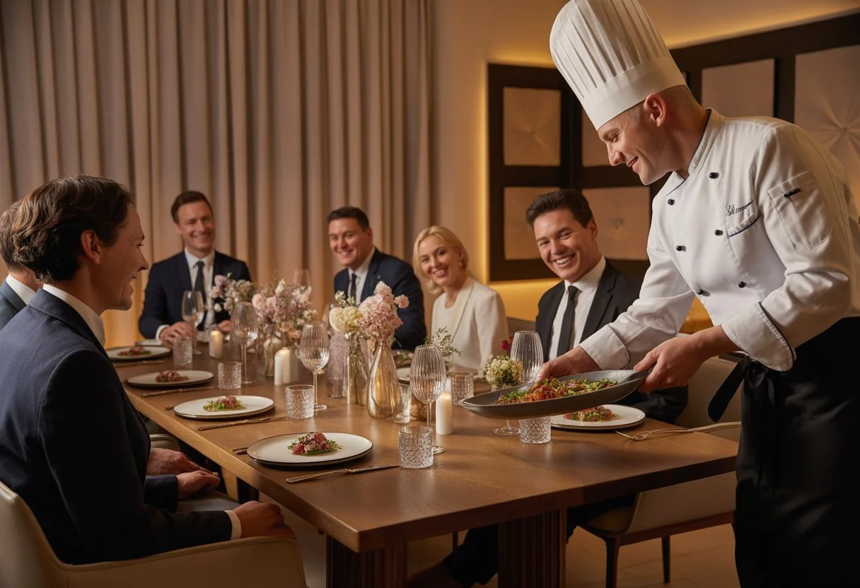 A private chef serving a gourmet dish to guests seated around a dining table at a dinner party.