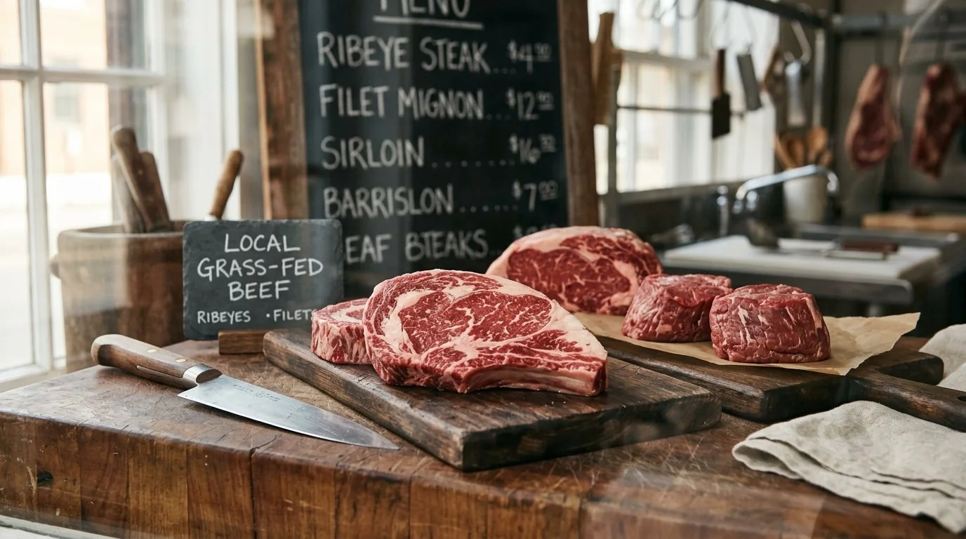 Raw grss fed beef cuts on a butcher's block