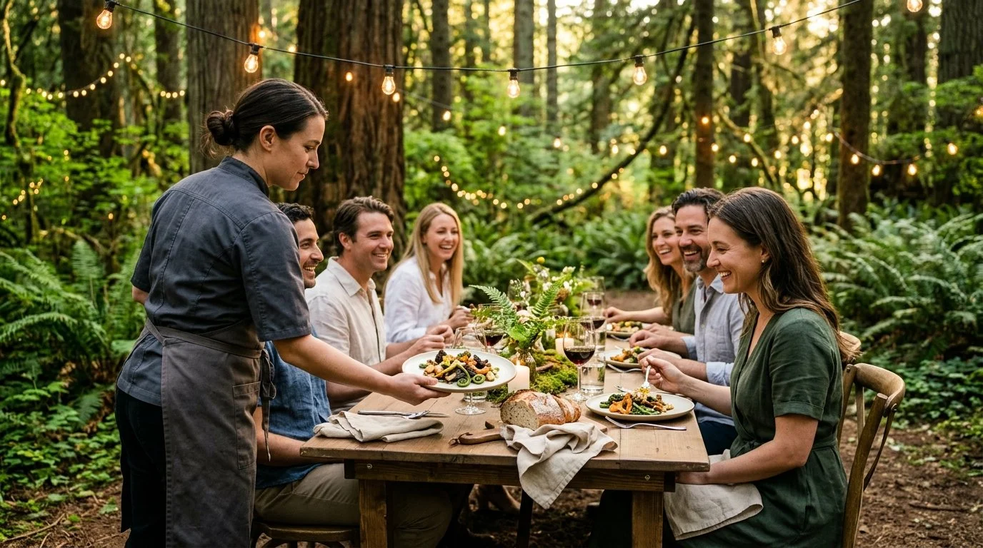 Group of people dining on foraged ingredients