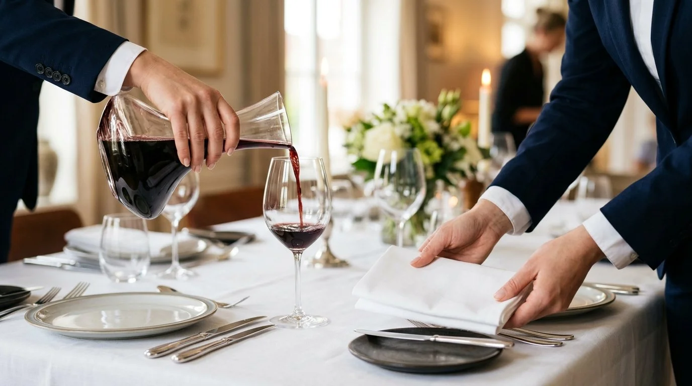 Waiters ouring wine and setting out a dining table