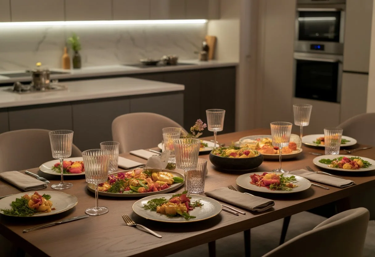 A beautifully arranged dining table with gourmet dishes and elegant tableware in a modern home dining room.