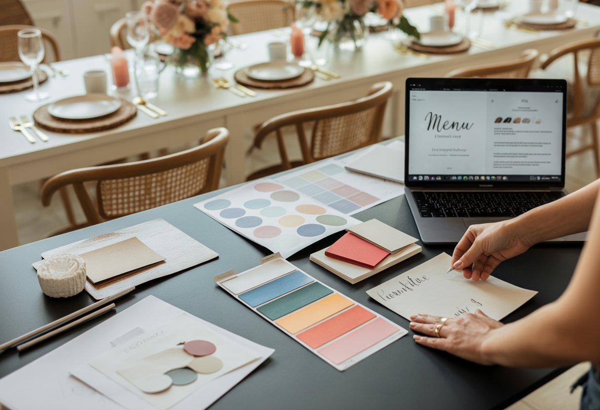 A person arranging design materials and colour samples on a desk with an event setup visible in the background.