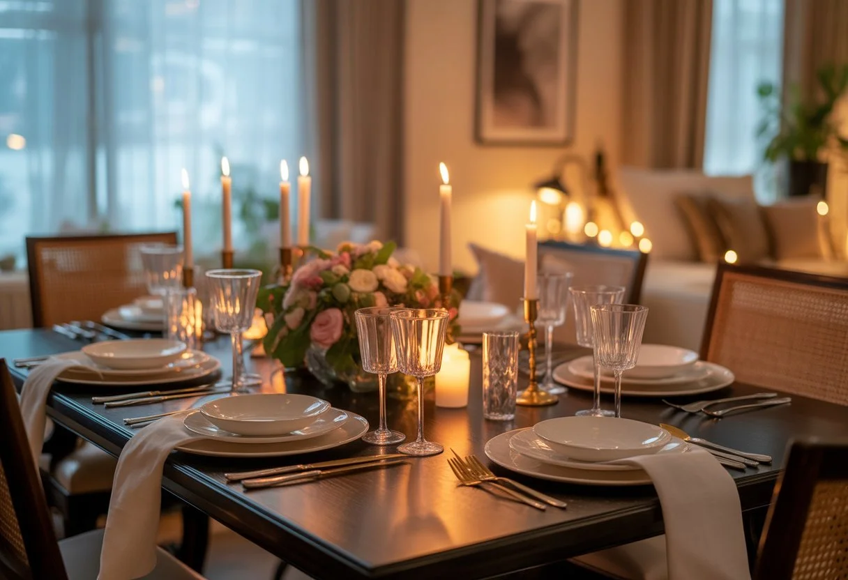 A home dining room set for an elegant dinner with a decorated table, candles, and soft lighting.