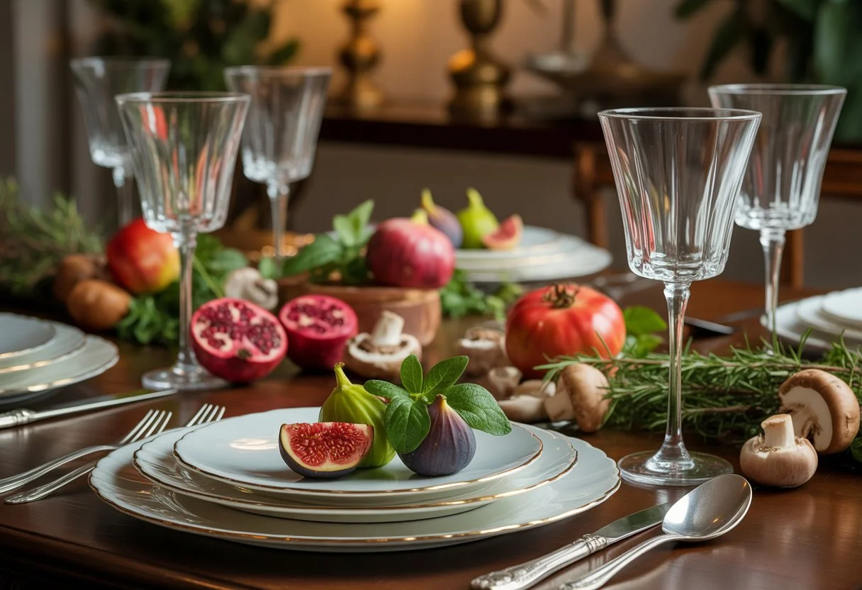 A beautifully set private dining table with fresh seasonal ingredients and elegant tableware in a warm, intimate dining room.