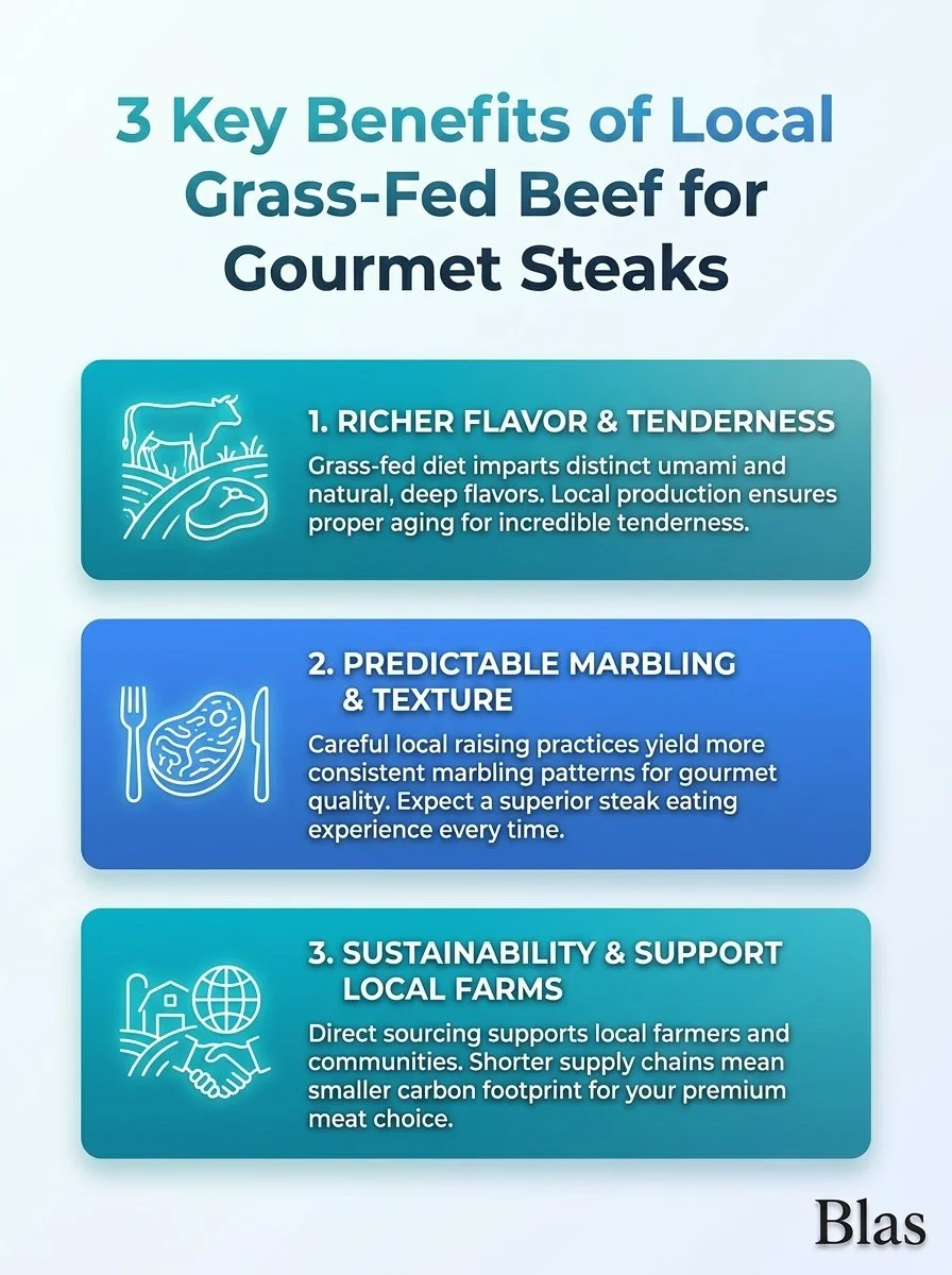 Infographic showing 3 key benefits of local grass-fed beef for gourmet steaks: flavor, tenderness, and sustainability.