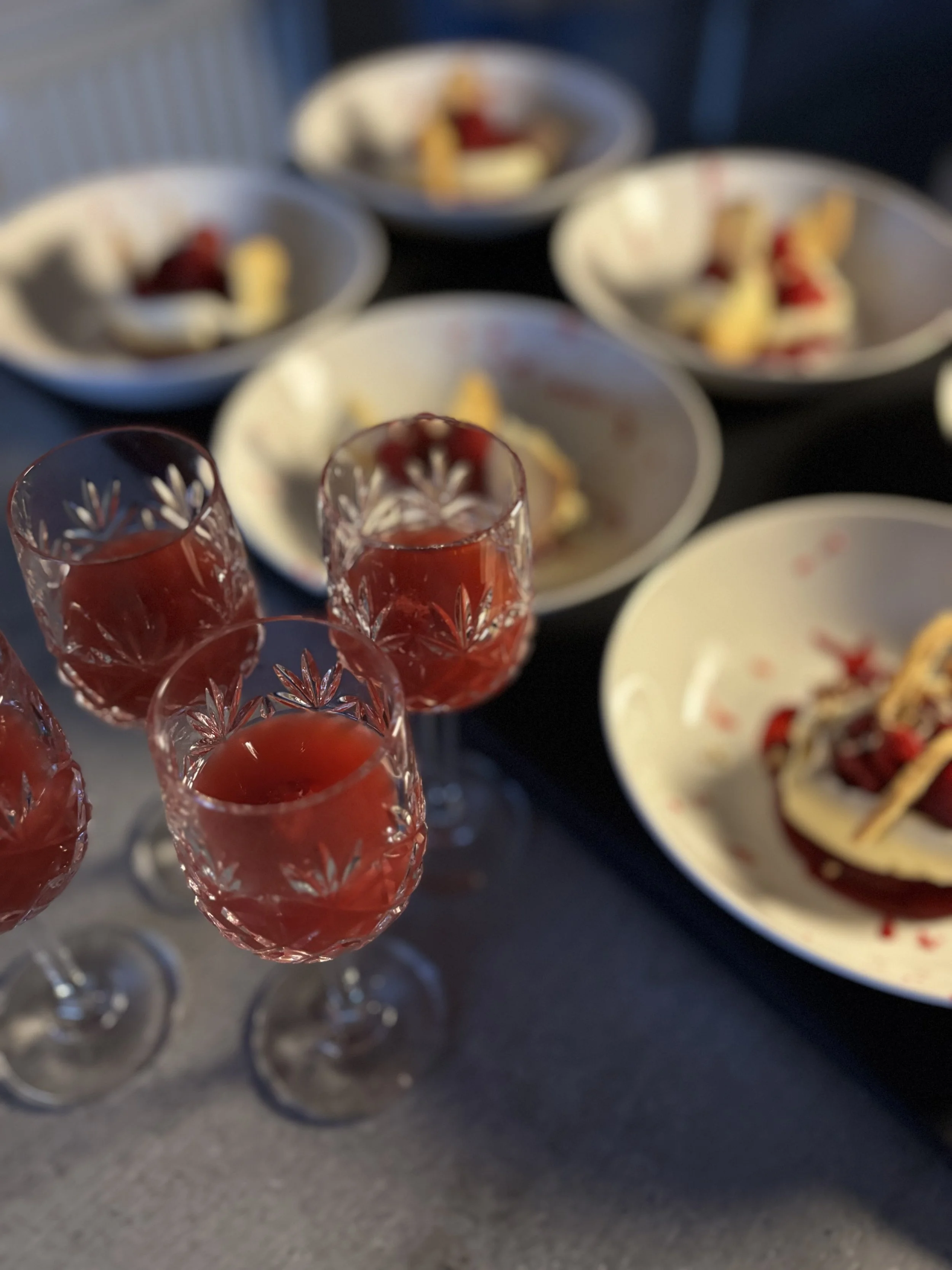 Luxury private dining Scotland – Blas Dining table setup with cocktails and plated desserts.