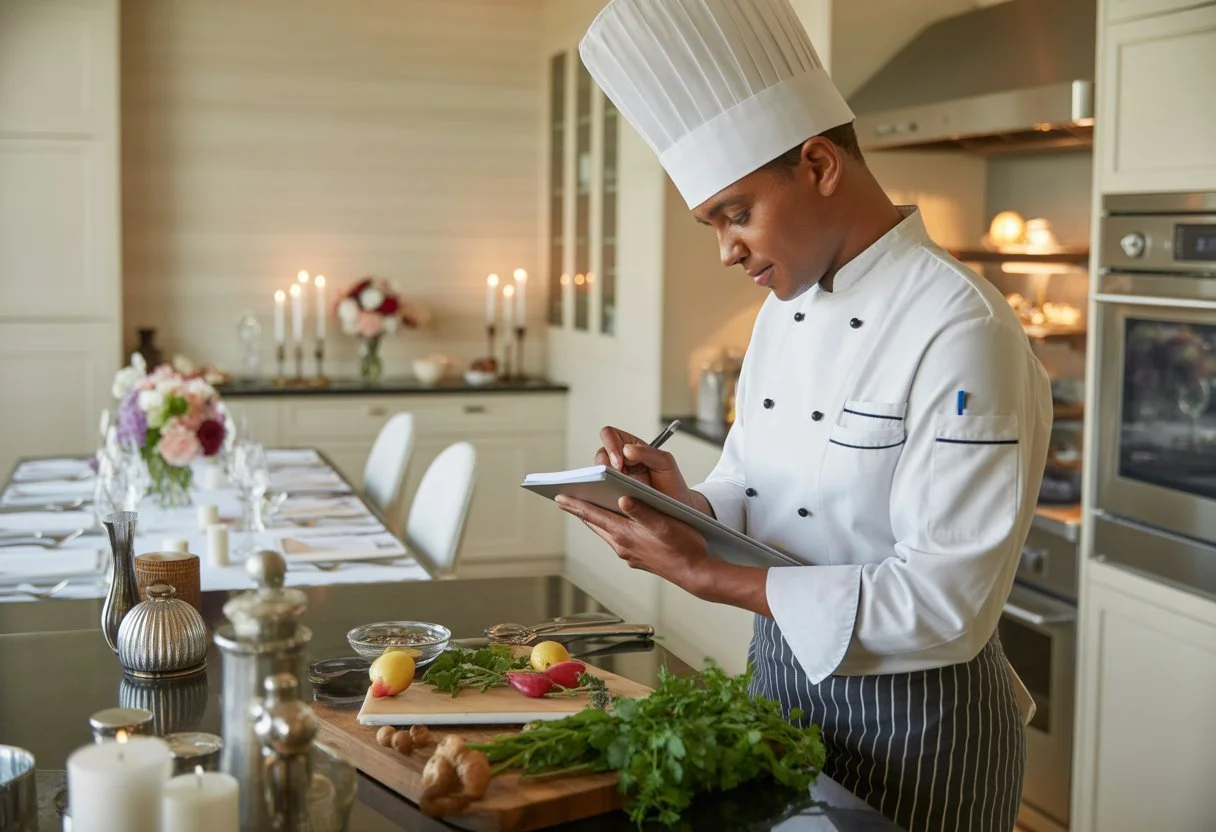 A private chef in a modern kitchen preparing a personalised menu with fresh ingredients and a set dining table in the background.