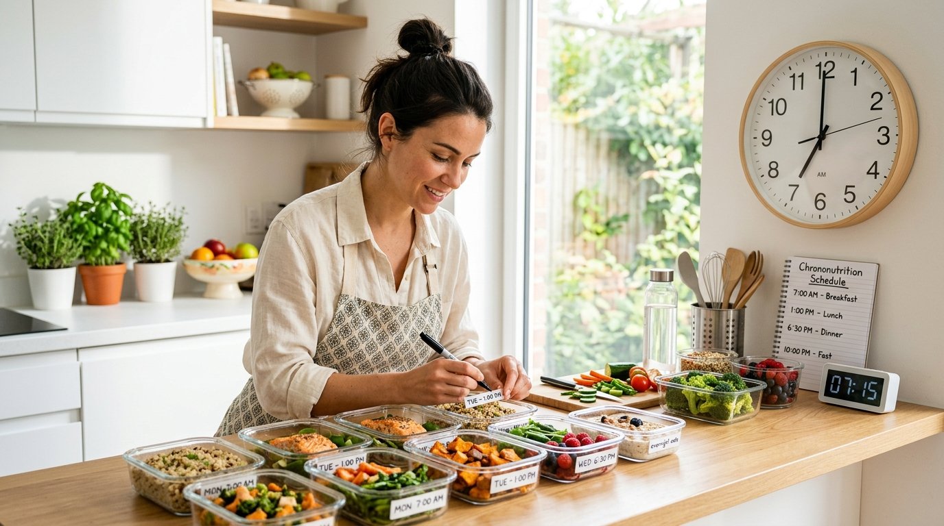 Female cook placing food items into time labeled containers