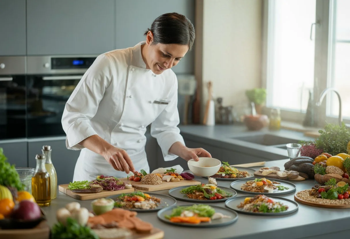 A private chef preparing a variety of dishes catering to different dietary needs in a modern kitchen.